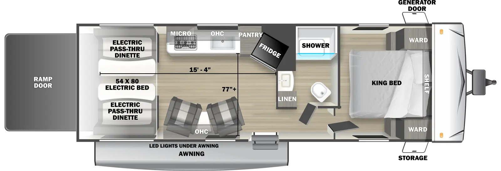 The 2500SRS travel trailer has no slide outs, 1 entry door and 1 rear ramp door. Exterior features include an awning with LED lights, front door side storage and front off-door side generator door. Interior layout from front to back includes: front bedroom with foot-facing King bed, shelf over the bed, and front corner wardrobes; off-door side bathroom with shower, linen storage, toilet and single sink vanity; off-door side kitchen with overhead microwave, overhead cabinets, pantry, stovetop and angled refrigerator; 2 door side recliners with end table; and rear electric 60 x 80 bed with opposing side electric pass-through dinette. Cargo length from rear of unit to kitchen wall is 15 ft. 4 in. Cargo width from kitchen countertop to door side wall is 77 inches.